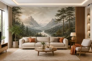 photographic wall mural feature wall in living room