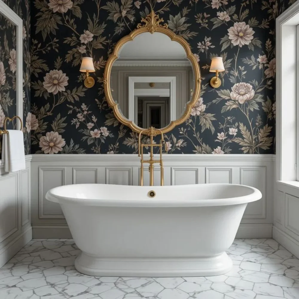 Floral bathroom wallpaper Dubai villa