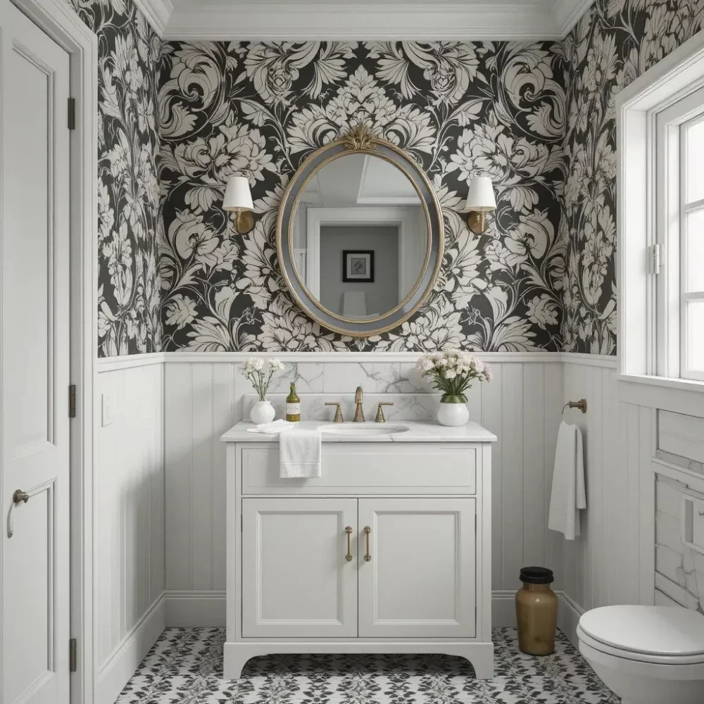 Textured wallpaper for small Dubai bathroom