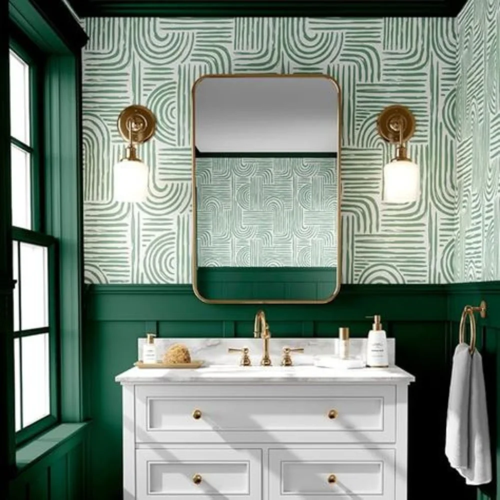 Modern bathroom wallpaper installed Dubai apartment